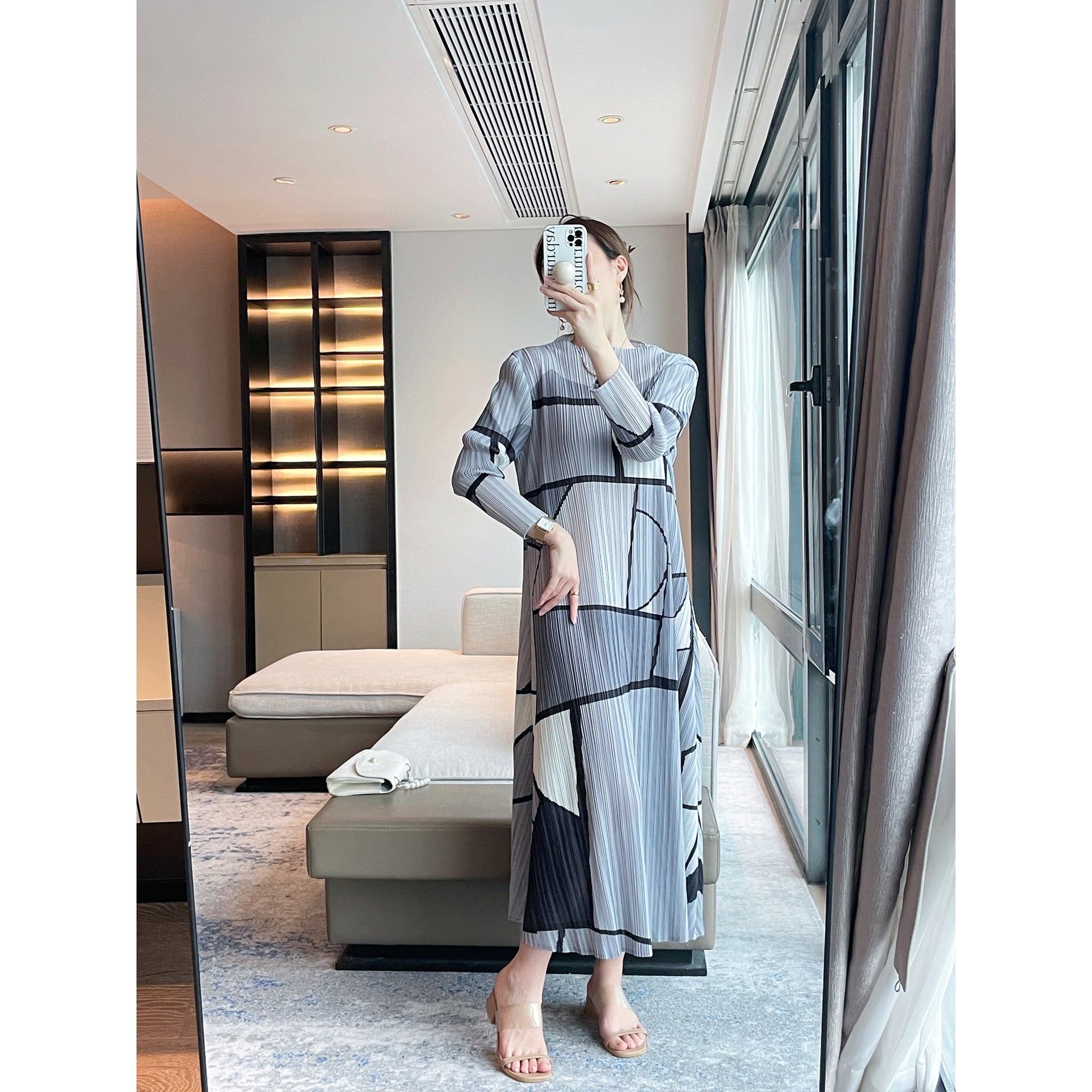 Women’s Spring Pleated Maxi Dress – Geometric Print Slim Fit Elegant Style