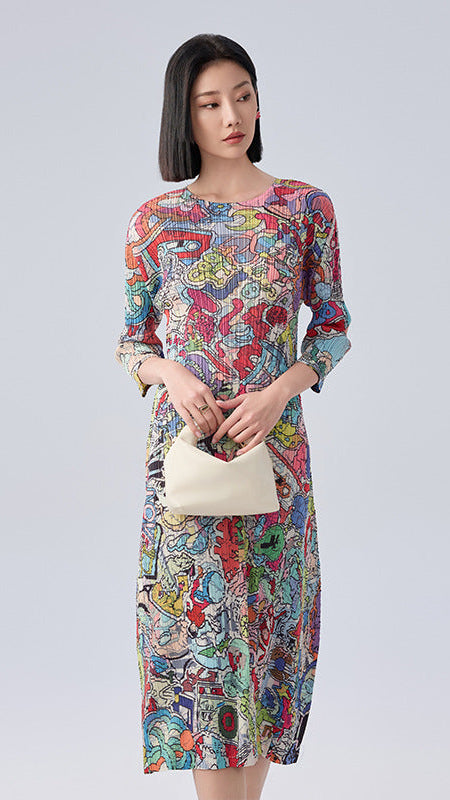 Women’s Summer Pleated Maxi Dress – Graffiti Print Loose Slimming Style