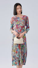 Women’s Summer Pleated Maxi Dress – Graffiti Print Loose Slimming Style