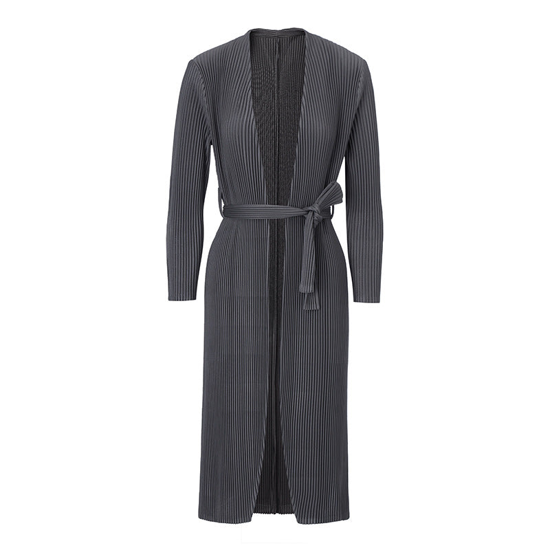 2025 Fall Pleated Long Trench Coat – Thick Fabric, Elegant Style, Lace-Up Mid-Length Jacket