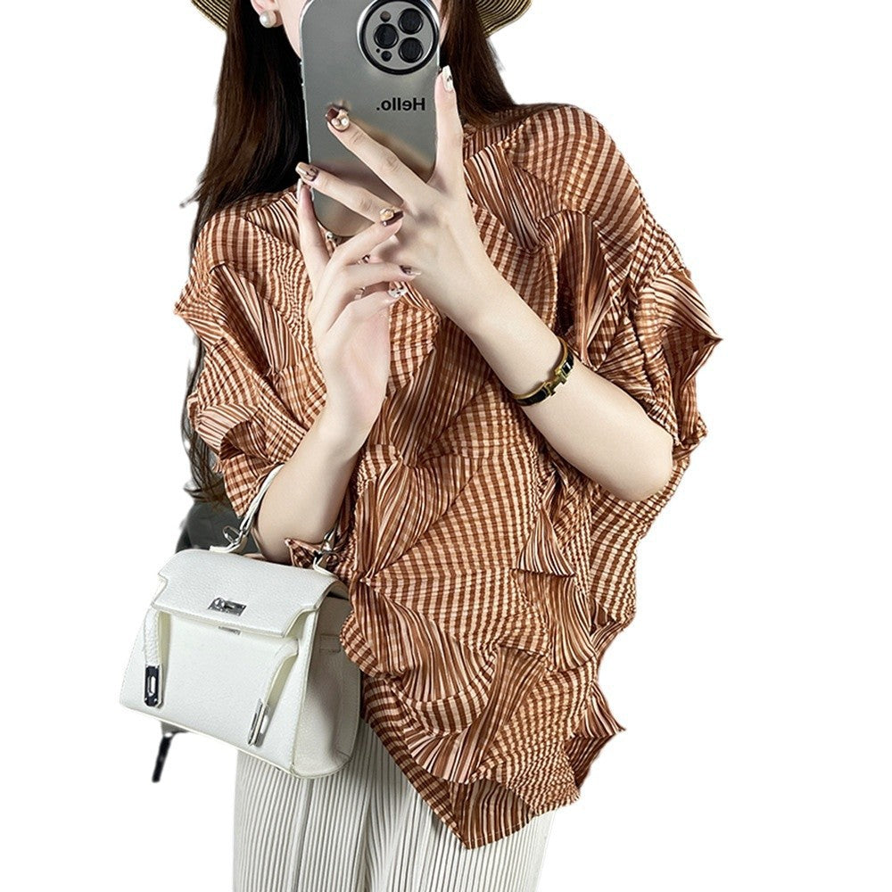2025 Fall Winter Pleated Irregular Top – Loose Fit, 3/4 Sleeve Casual Slimming T-Shirt for Women