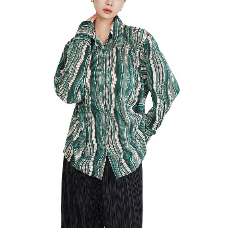 French vintage green long-sleeved shirt women's 2025 pleated new design shirt niche non-collision top