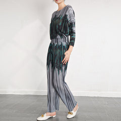 Pleated Printed Plus-Size Top and Pants Set – Stylish Two-Piece Outfit