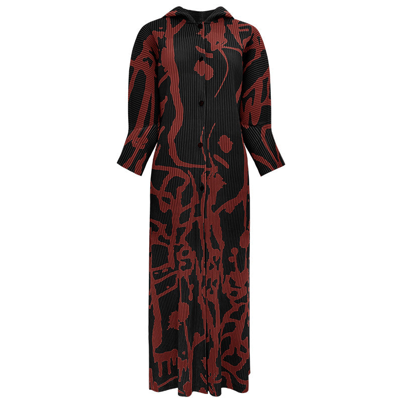 Pleated Printed Hooded Cloak Dress – Long Sleeve Single-Breasted Style