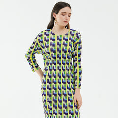 Pleated Houndstooth Dress – Long Sleeve Elegant Women’s Style