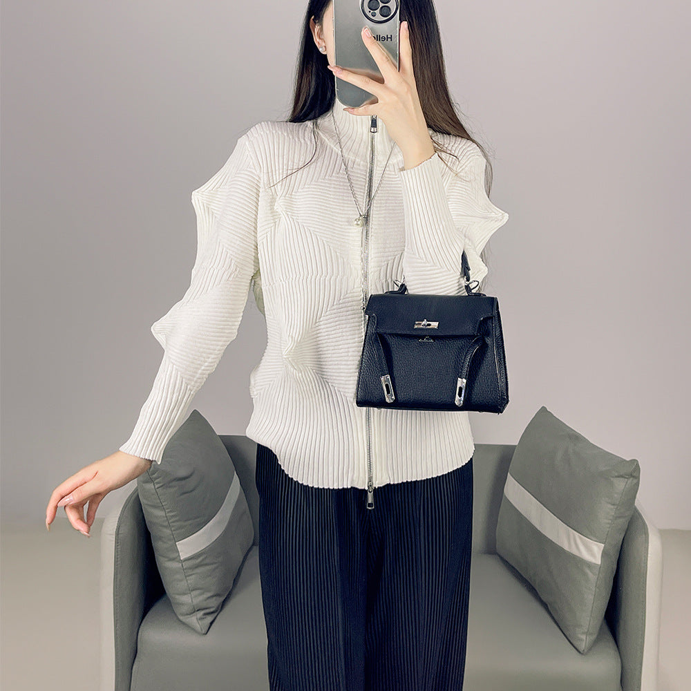 2025 Fall Winter Pleated Sweater Jacket – Zipper Cardigan, Casual Chic Knit Top for Women