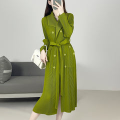 2025 Fall Winter Pleated Trench Coat – Lapel Mid-Length Coat with Adjustable Tie Waist for Women