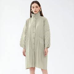 Pleats Please Solid Color Windbreaker – Pleated Midi-Length Trench Coat