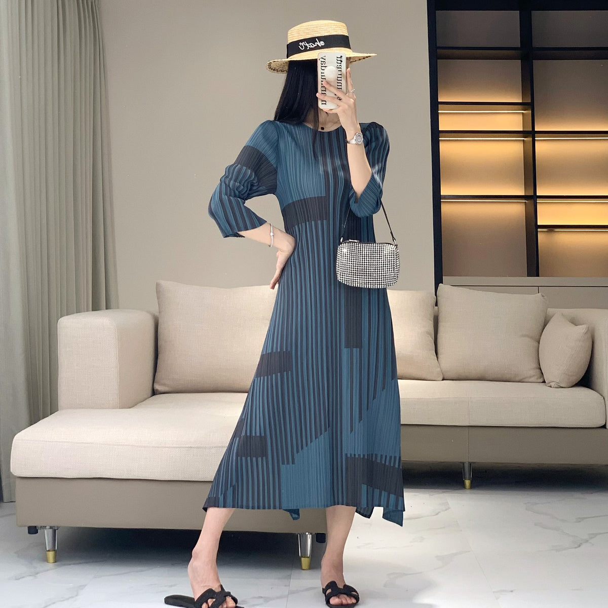 Women’s Striped Pleated Dress – Vintage Slim Fit Elegant Style