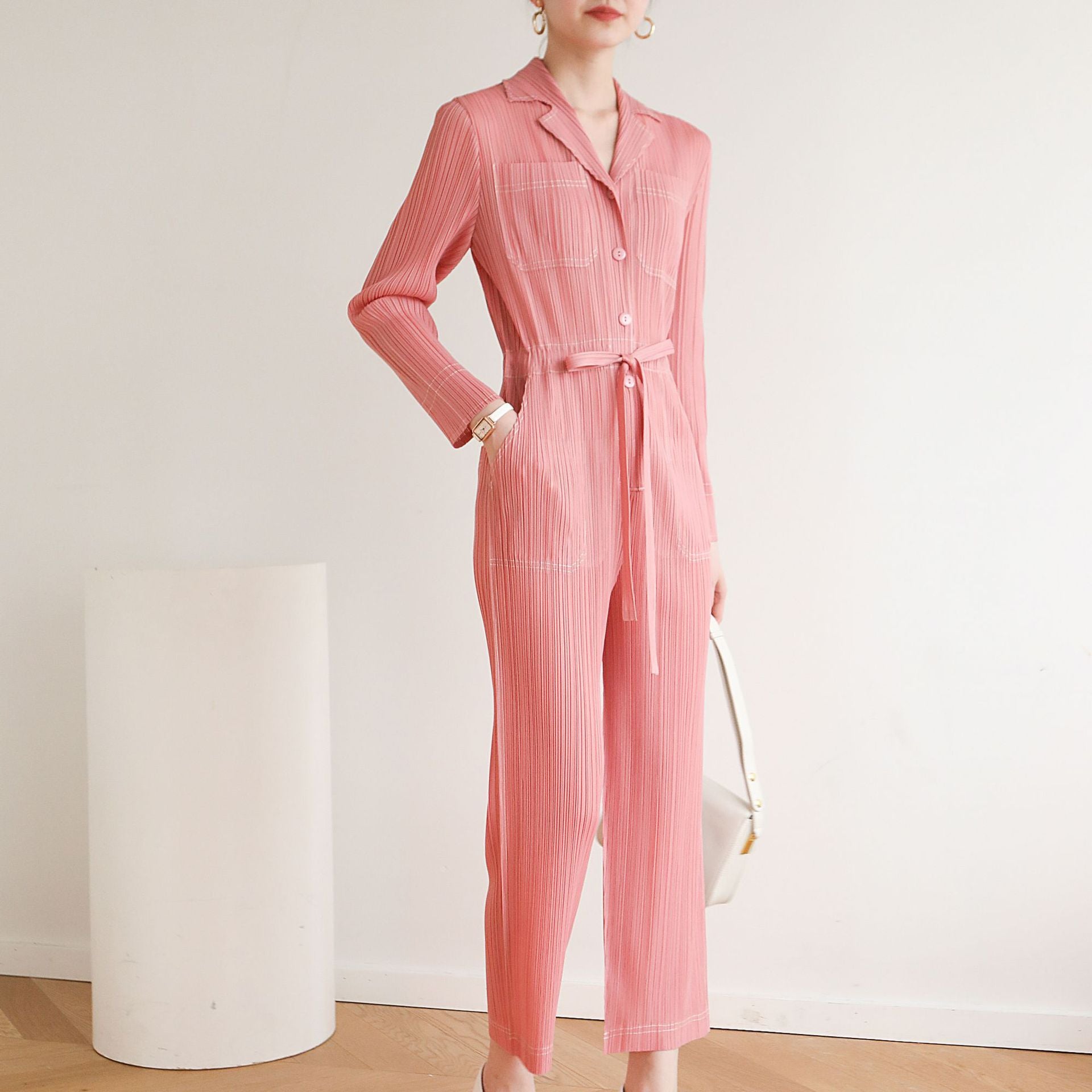 Pleated Denim Jumpsuit – Casual Korean Style with Lace-Up Waist & Tunic Design