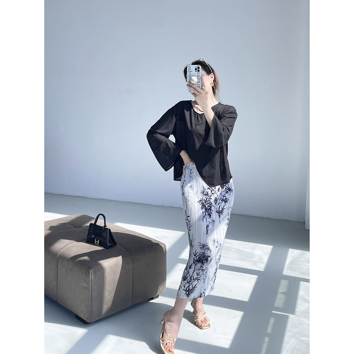 Miyake's new Chinese style skirt women's summer thin ink painting small pleated skirt slimming temperament medium skirt