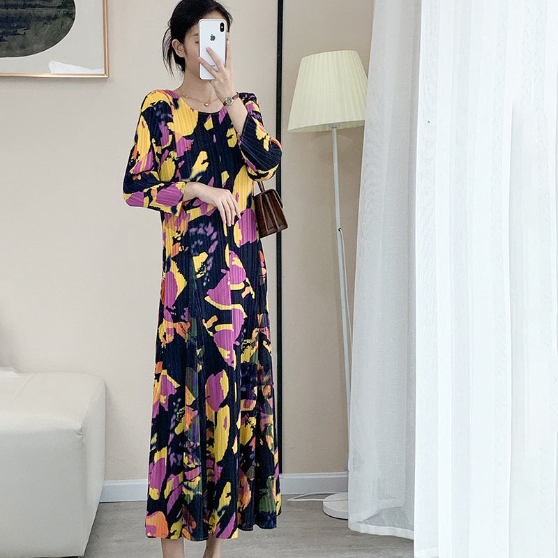 2025 Fall Winter Pleated Printed Dress – Slim Fit, Elegant High-End Style for Women