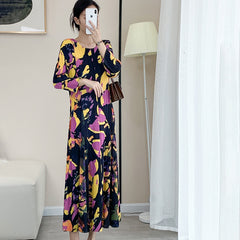 2025 Fall Winter Pleated Printed Dress – Slim Fit, Elegant High-End Style for Women