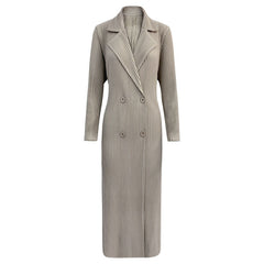 Pleated Double-Breasted Coat – Slim Suit Collar Long Sleeve Outerwear