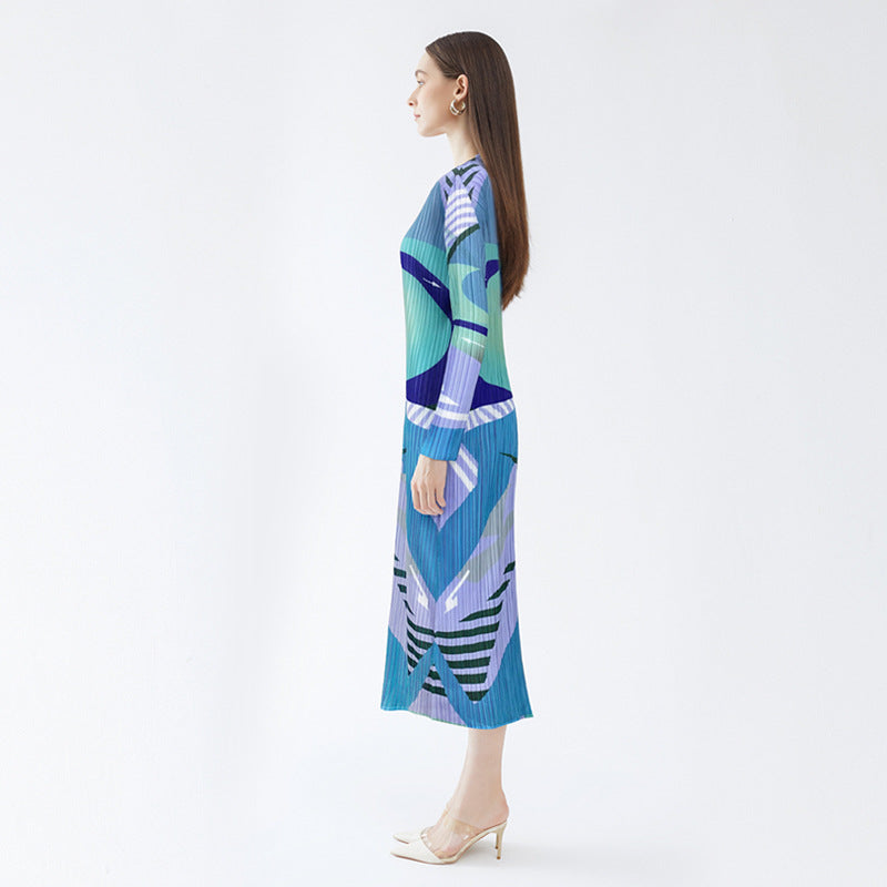 Pleated Printed A-Line Midi Dress – Slim Long Sleeve Women’s Style