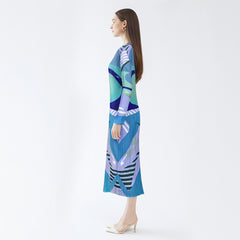 Pleated Printed A-Line Midi Dress – Slim Long Sleeve Women’s Style