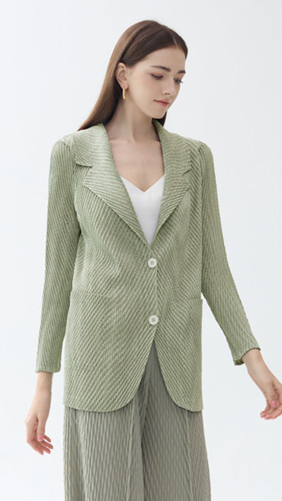 Spring 2025 new professional wear solid color pleated double buckle suit collar fashion light luxury women's suit long-sleeved jacket