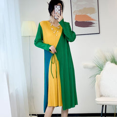 Women’s Spring Pleated Midi Dress – French Splicing Design, Feminine Slim Fit Style