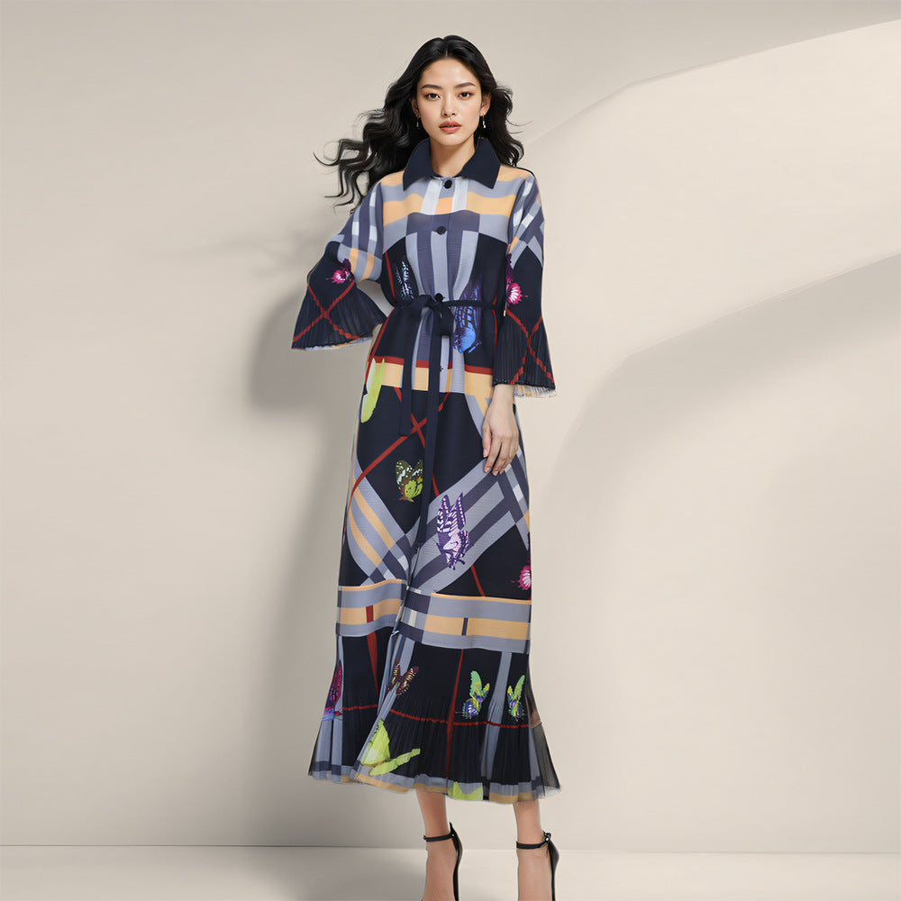 2025 Fall Winter Pleated Printed Shirt Dress – Lapel Collar, Ruffle Detail, Plus-Size Friendly