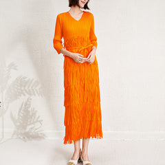 Pleated Tassel V-Neck Tiered Dress – Elegant and Flowy Women’s Outfit