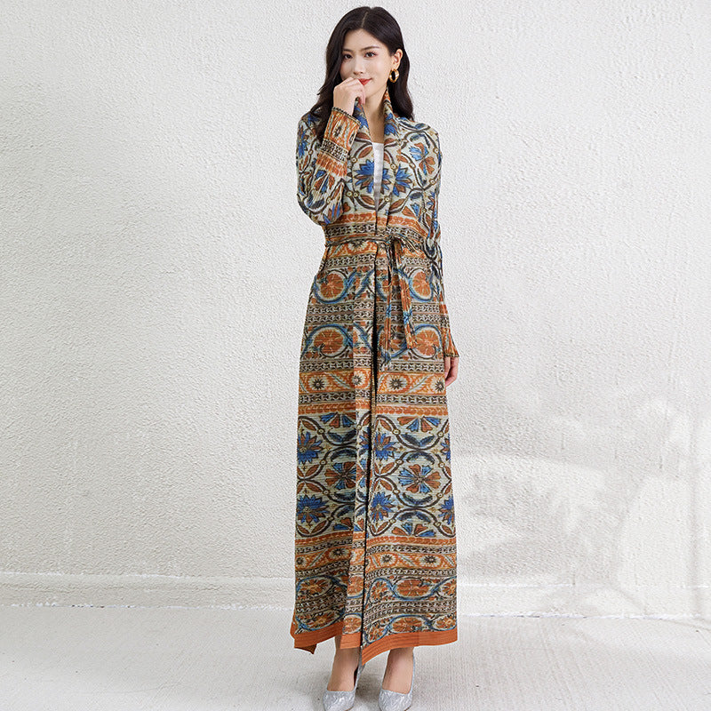 Pleats Please Printed Robe Dress – Long-Sleeve Pleated Maxi Cardigan Style
