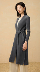 2025 Fall Pleated Long Trench Coat – Thick Fabric, Elegant Style, Lace-Up Mid-Length Jacket
