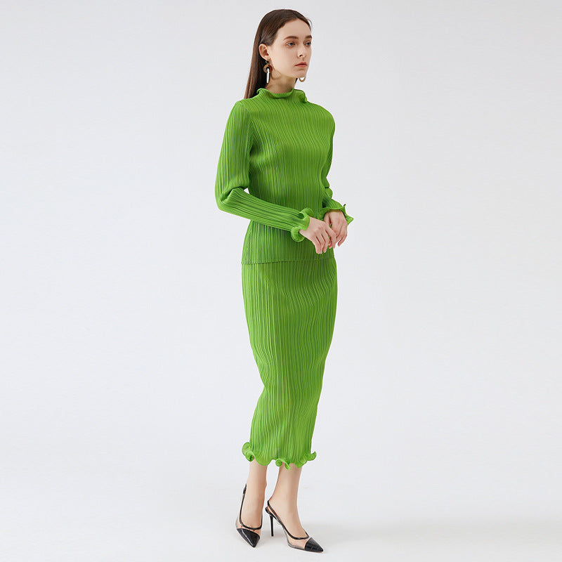 Pleats Please Green Skirt Suit – Fresh Pleated A-Line Two-Piece Set
