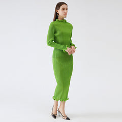 Pleats Please Green Skirt Suit – Fresh Pleated A-Line Two-Piece Set