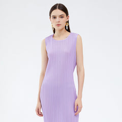 Japanese Style Sleeveless Pleated Dress – Round Neck Elegant Midi