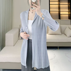Miyake pleated striped casual suit top women's autumn new fashion temperament commuting loose long sleeve jacket cardigan