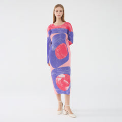 Pleated Vintage Circle Print Midi Dress – Slim Long Sleeve Round Neck
