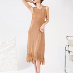 PleatsArt Sleeveless Pleated Fringe Dress – Elegant Summer Versatile Long Skirt