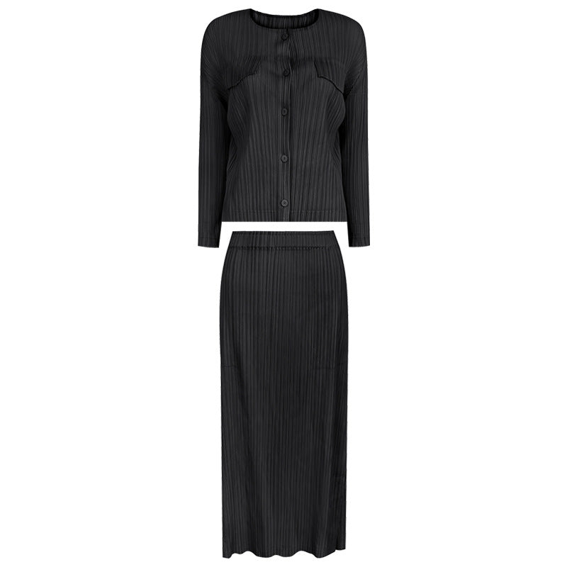 Pleated Shirt and Slit Skirt Set – Chic Two-Piece Women’s Outfit