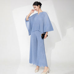 Pleats Please Plus-Size Summer Two-Piece Set – Irregular Top & Straight Pants