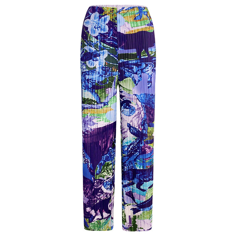 Pleated Printed Jacket and Pants Set – Chic Straight-Leg Two-Piece Outfit