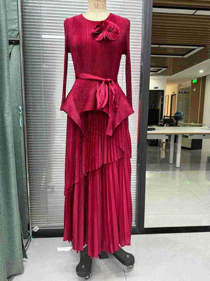 Pleats Please Two-Piece Set – Lace-Up Pleated Top & Irregular Swing Skirt