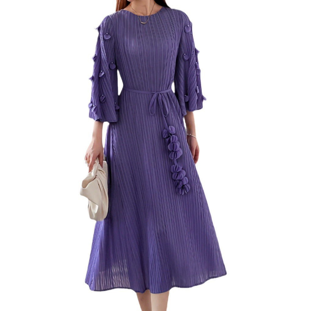 Pleats Please Lace-Up Mid-Length Dress – Plus-Size Friendly Pleated Slimming Style