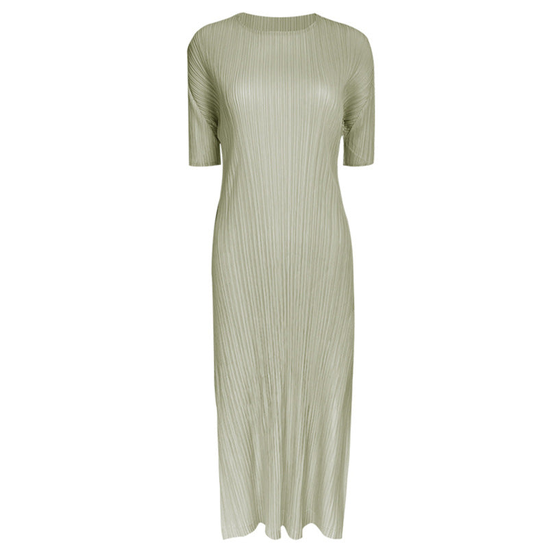 Pleated A-Line Dress – Solid Color Slim Fit Midi
