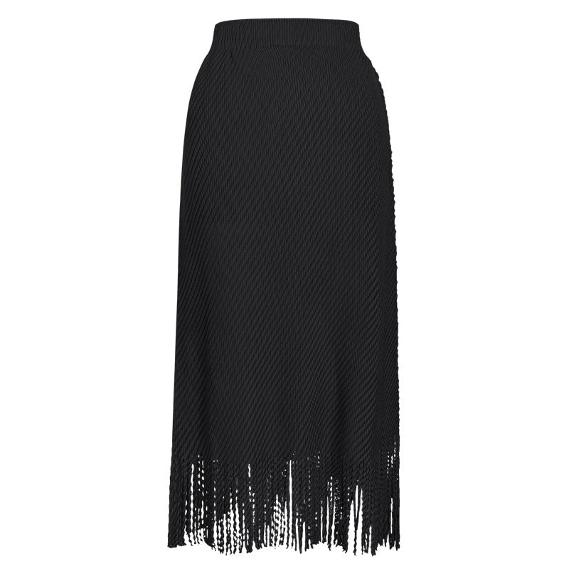 Pleated Fish Scale Fringe Skirt – High Waist A-Line Mid-Length Style
