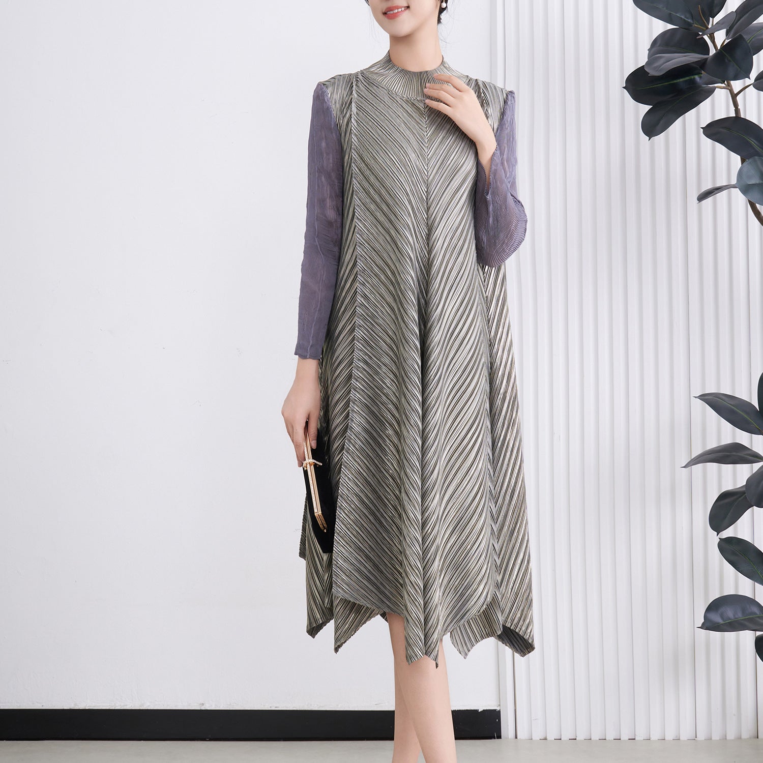 Pleated Gilded Irregular Long Dress – Elegant Evening Maxi for Women