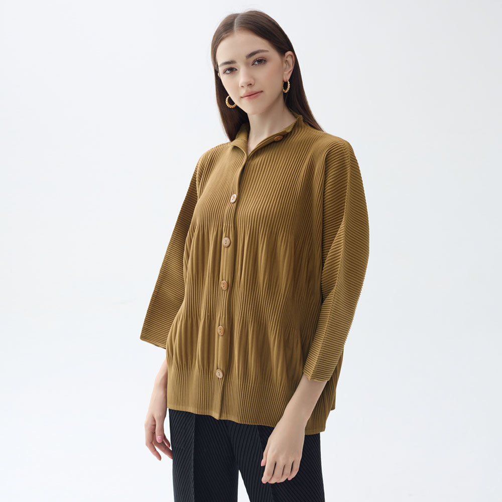 Pleated Solid Color Shirt – Loose Long Sleeve Casual Women’s Top