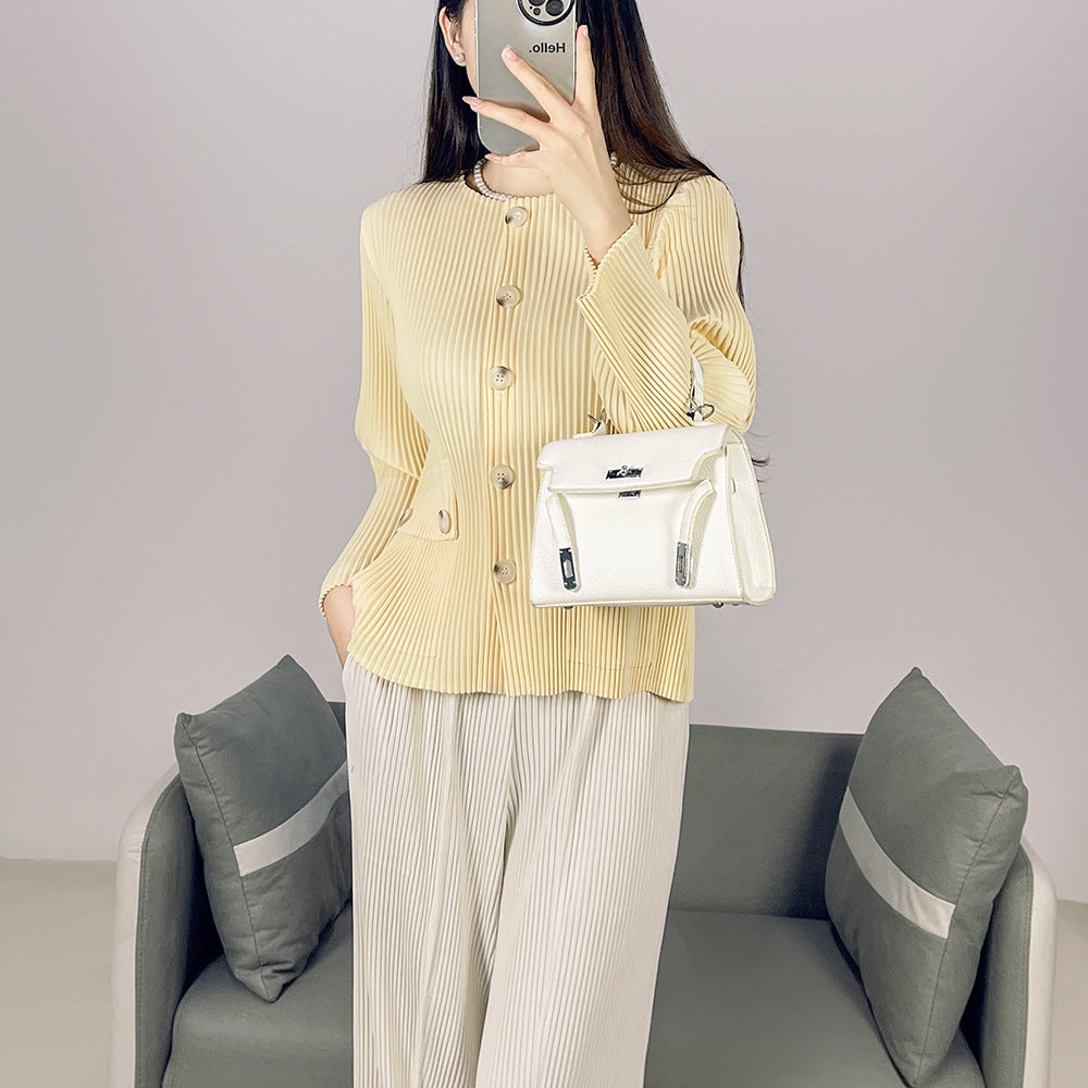 2025 Fall Winter Pleated Striped Jacket – Minimalist Crew Neck, Single-Breasted Casual Style for Women