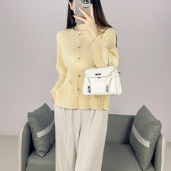 2025 Fall Winter Pleated Striped Jacket – Minimalist Crew Neck, Single-Breasted Casual Style for Women