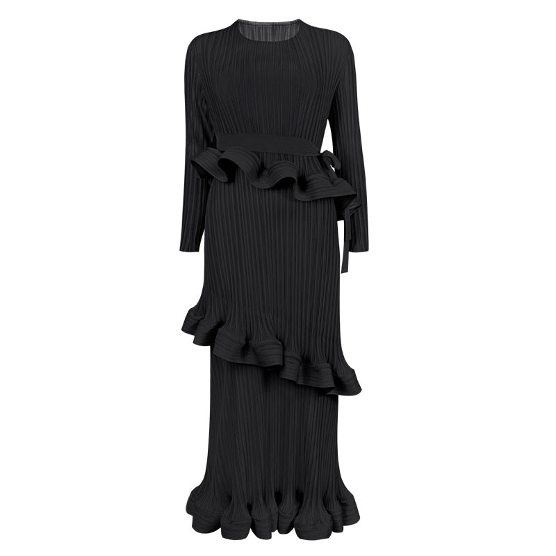 Pleated Ruffled Lace-Up Midi Dress – Slim Long Sleeve Women’s Style