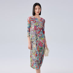 Women’s Summer Pleated Maxi Dress – Graffiti Print Loose Slimming Style