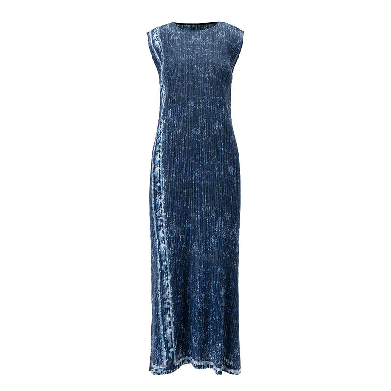 Hot-Selling Pleated Print Dress – Sleeveless A-Line, Plus-Size Friendly, Elegant Casual Style