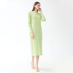 Pleated Polo Collar Dress – Long Sleeve A-Line Casual Style