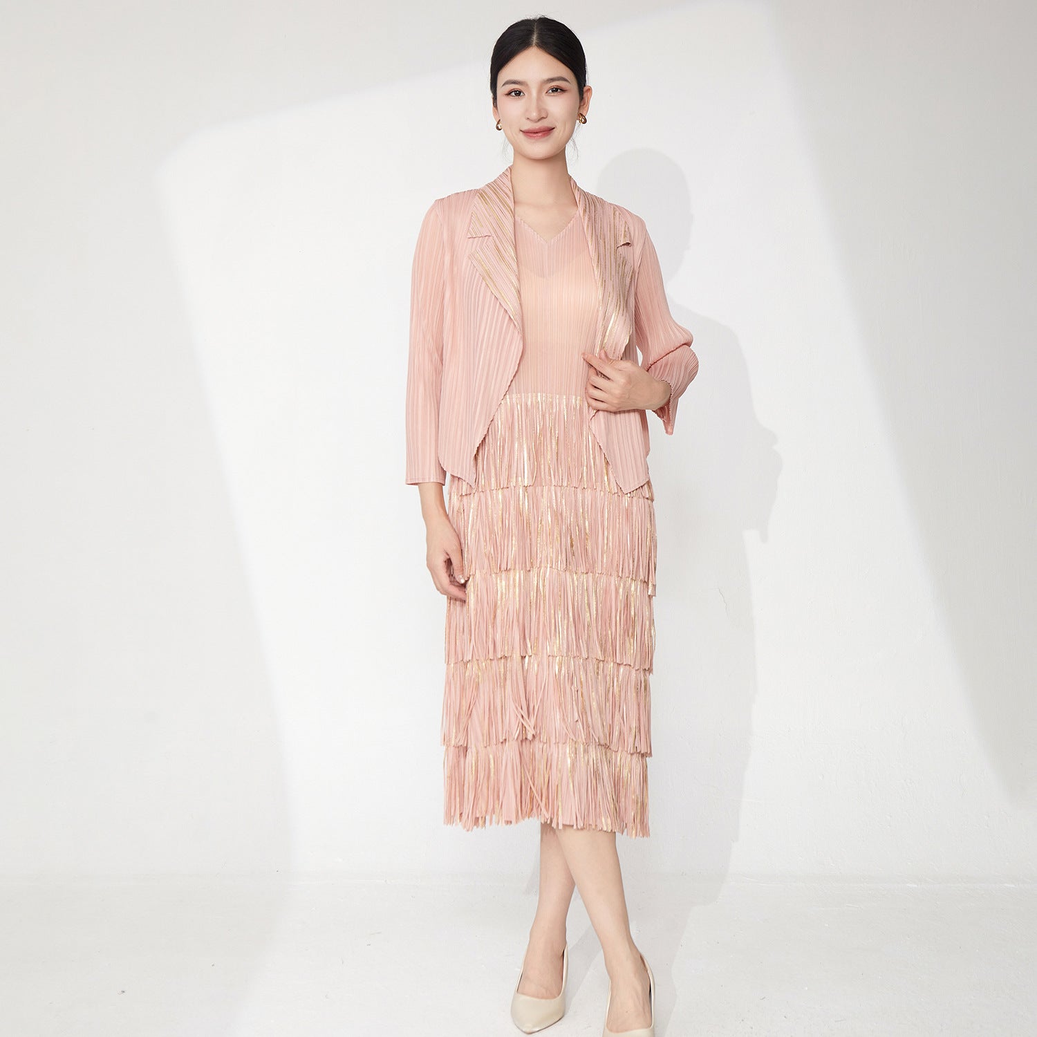 Pleats Please Two-Piece Set – Bronzed Blazer & Fringed Pleated Dress
