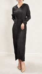 Pleats Please Irregular Pleated Dress – Long-Sleeve Cinched-Waist Elegant Style