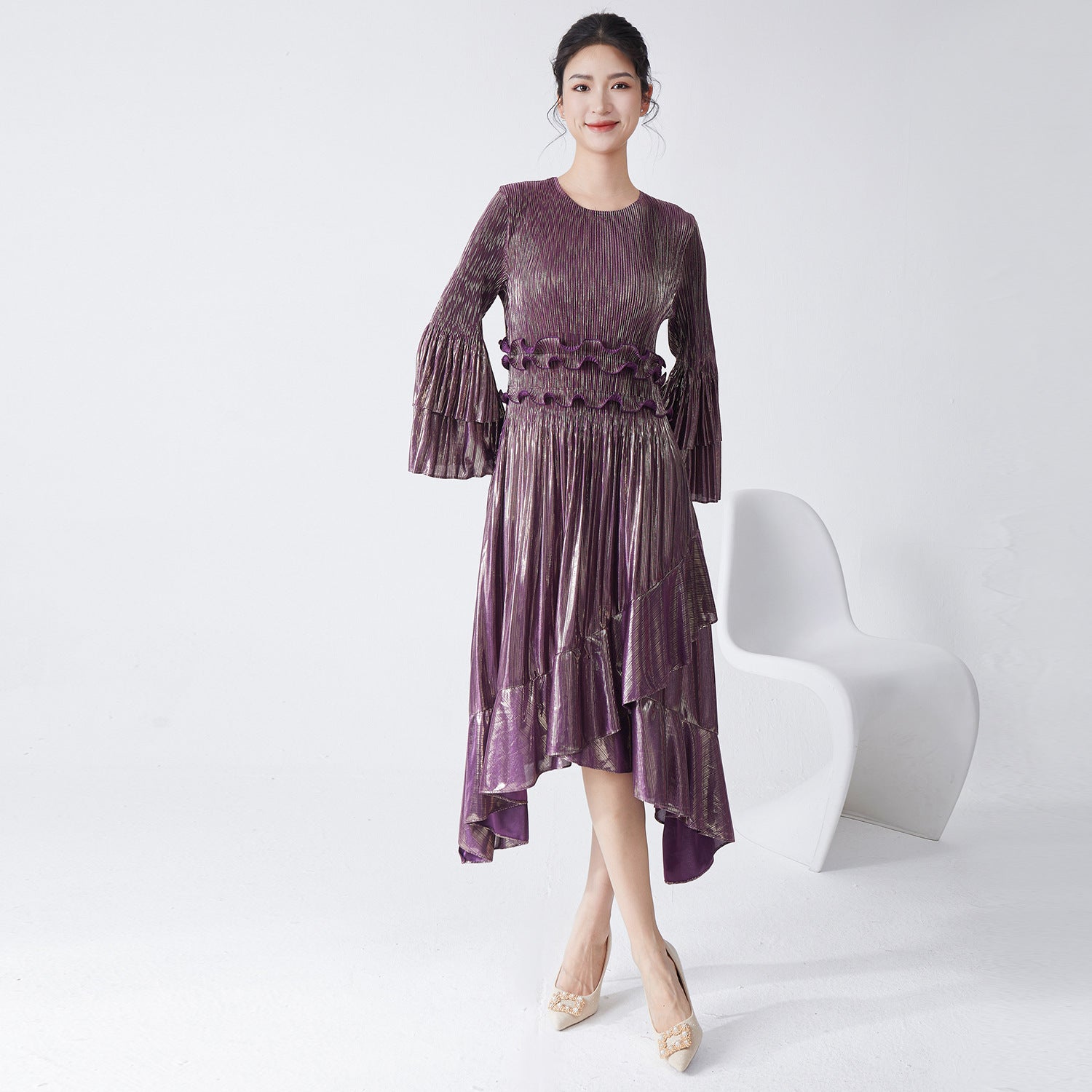 Pleats Please Flared Sleeve A-Line Dress – Irregular Hem Pleated Autumn Winter Style